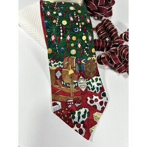 Vintage TABASCO Silk Tie Christmas Holiday Rocking Horse Teddy Bear Red USA Made